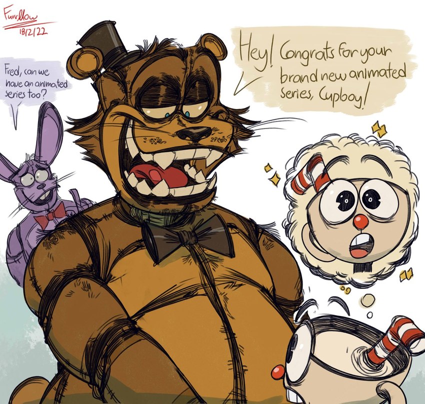 amazed anthro bow_tie clothed clothing congratulations container cup dialogue exclamation_point for_a_head group happy male open_mouth question_mark sharp_teeth smile teeth text tongue trio furrllow cuphead_(game) five_nights_at_freddy's scottgames bonnie_(fnaf) cuphead_(character) freddy_(fnaf) animate_inanimate bear humanoid lagomorph leporid mammal object_head rabbit 2022 crossover digital_media_(artwork) english_text