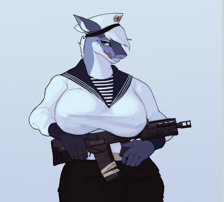 anthro big_breasts breasts brown_eyes female gun hair holding_object holding_ranged_weapon holding_weapon looking_at_viewer naval_uniform nipple_outline ranged_weapon simple_background smile solo teeth tongue tongue_out weapon white_background white_hair toffee_32 fish marine shark