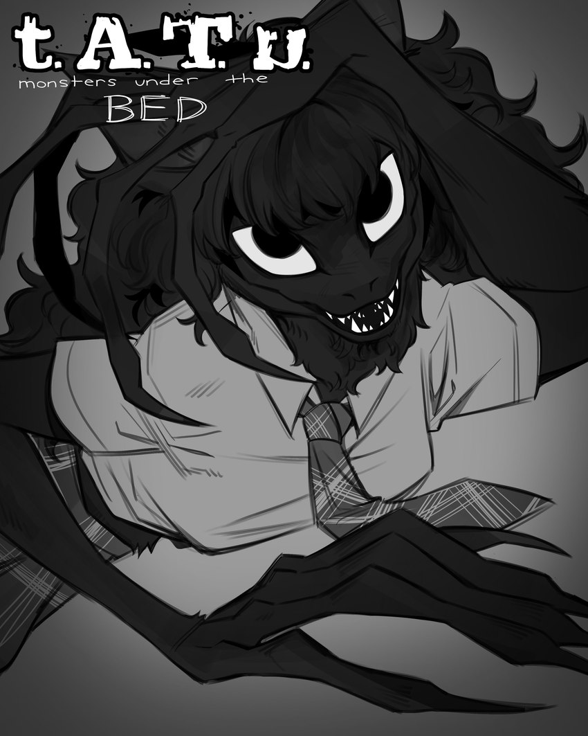 anthro black_body black_fur black_hair college_clothing fangs female fur hair long_fingers long_nails neck_tuft necktie simple_background solo teeth text tuft glacierclear t.a.t.u. twipie eldritch_abomination humanoid mammal monster absurd_res english_text hi_res monochrome sketch