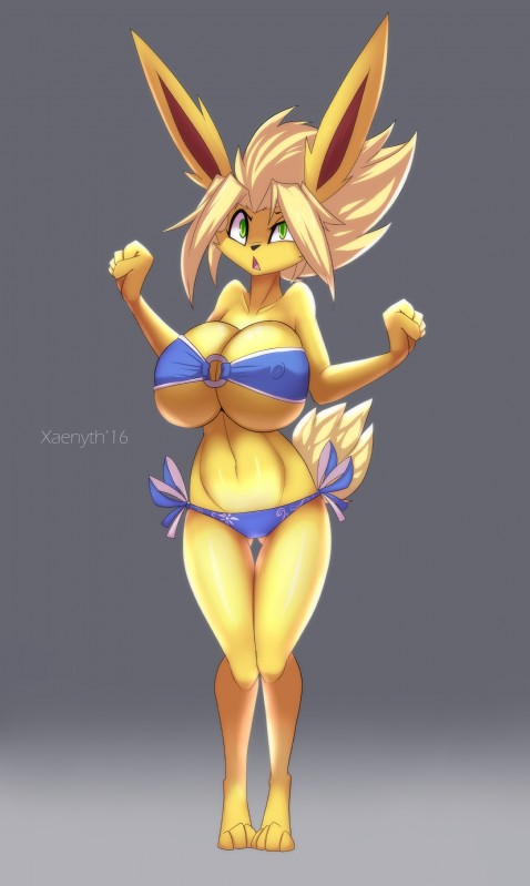 anthro anthrofied big_breasts bikini breasts clothing female huge_breasts looking_at_viewer nipple_outline open_mouth pokemorph simple_background solo standing swimwear tight_clothing tight_topwear topwear two-piece_swimsuit under_boob wide_hips wouhlven xaenyth nintendo pokemon fan_character jolty eeveelution generation_1_pokemon jolteon pokemon_(species) absurd_res hi_res