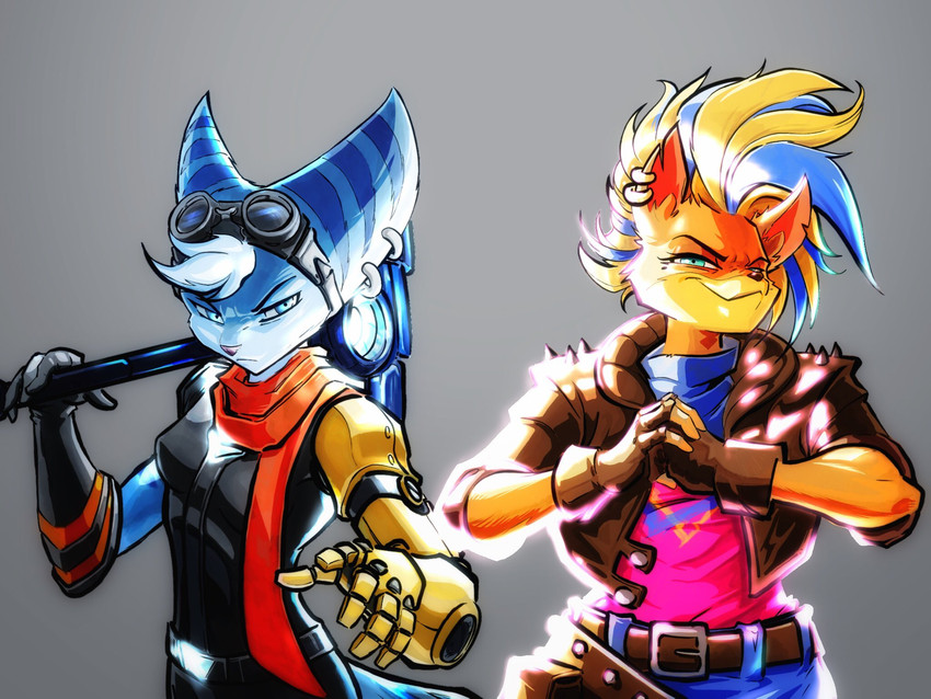 anthro blue_body blue_eyes blue_fur clothed clothing cybernetic_arm cybernetic_limb duo ear_piercing eyewear eyewear_on_head female fur gloves goggles goggles_on_head hair hammer handwear piercing prosthetic prosthetic_arm prosthetic_limb scarf stripes tools steven_purifoy activision crash_bandicoot_(series) insomniac_games ratchet_and_clank sony_corporation sony_interactive_entertainment pirate_tawna rivet_(ratchet_and_clank) bandicoot lombax mammal marsupial 4:3 crossover hi_res