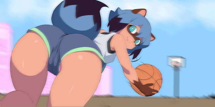 anthro ball basketball basketball_(ball) basketball_hoop bent_over black_hair blue_eyes blue_hair blurred_background bottomwear butt camel_toe clothed clothing day female hair holding_basketball looking_at_viewer looking_back looking_back_at_viewer motion_blur motion_lines multicolored_hair orange_body outside panties panty_peek pattern_bottomwear pattern_clothing pattern_panties pattern_underwear pink_clothing pink_panties pink_underwear rear_view shirt shorts sky smile smiling_at_viewer solo spots spotted_bottomwear spotted_clothing spotted_panties spotted_underwear tail tank_top topwear two_tone_hair underwear kasumin_(artist) brand_new_animal studio_trigger michiru_kagemori animal_humanoid humanoid mammal mammal_humanoid procyonid procyonid_humanoid raccoon_humanoid 2024 2:1 absurd_res hi_res signature