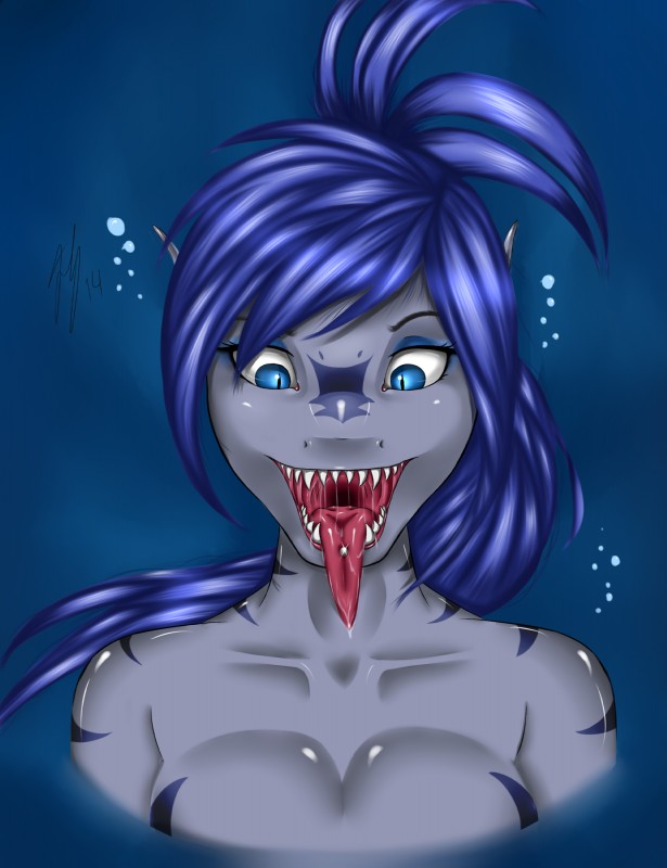 anthro blue_body blue_eyes blue_hair blue_skin bodily_fluids breasts bubble drooling female hair looking_down non-mammal_breasts nude open_mouth oral_fixation piercing pupils saliva sharp_teeth slit_pupils solo stripes teeth tongue tongue_piercing doomthewolf sally_(doomthewolf) fish marine shark 2014 absurd_res bust_portrait hi_res portrait