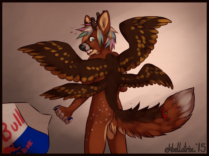 accessory ambiguous_gender anthro antlers bell biped feathered_wings feathers furgonomics green_eyes hair hooves horn long_hair multi_wing multicolored_hair solo spots standing tail tail_accessory tail_bell transformation wings ekbellatrix red_bull aven-fawn deer mammal peryton 2015 4:3 digital_media_(artwork)