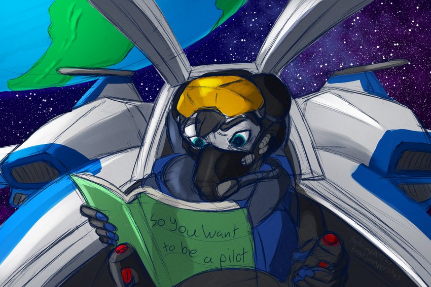 aircraft airplane blue_eyes book holding_book holding_object jet male pilot pilot_helmet pilot_suit piloting piloting_vehicle planet reading reading_book science_fiction space spacecraft spacesuit star vehicle setriaphtfj tebran_armoph canid canine canis mammal wolf 3:2 absurd_res hi_res meme