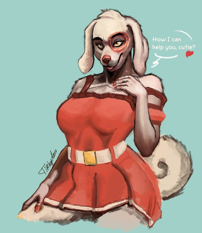 anthro belt breasts clothing colored_nails curled_tail dress facial_markings female fur hand_on_leg hand_on_thigh head_markings heart_symbol looking_at_viewer markings nails red_clothing red_nails red_nose smile smirk solo tail white_belt white_body white_fur yellow_eyes timhey-fl target_corporation spot_(jayrnski) bird_dog canid canine canis domestic_dog hunting_dog mammal spaniel 2024 alternate_version_at_paywall hi_res signature