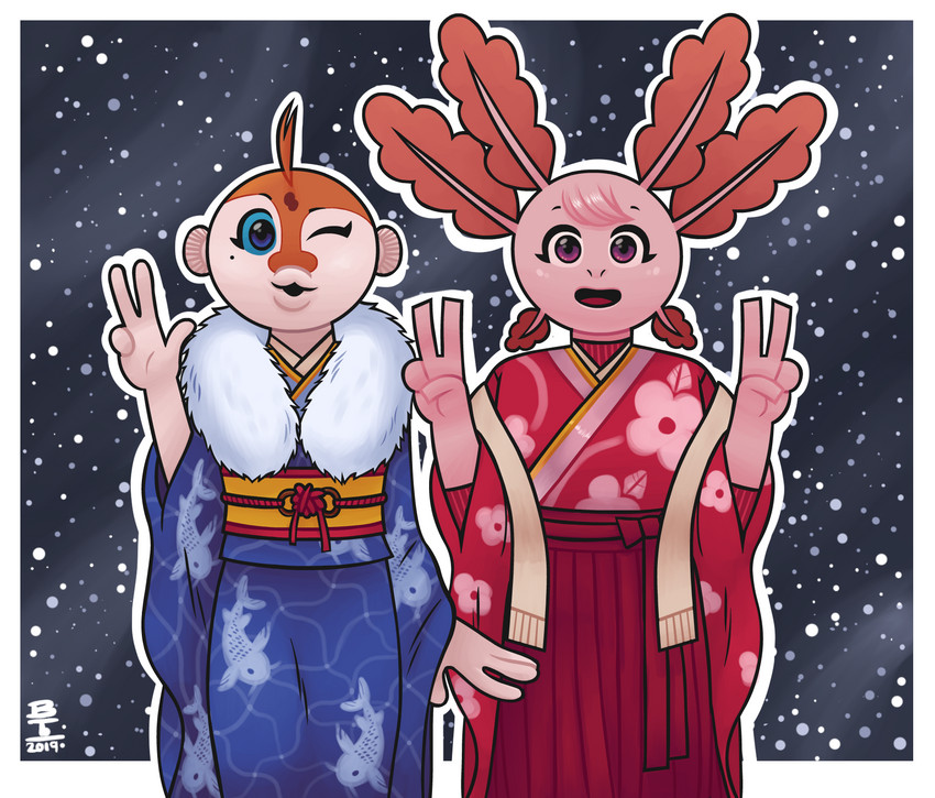 anthro asian_clothing blue_eyes blue_sclera clothing duo east_asian_clothing female gesture hand_gesture holidays japanese_clothing kimono one_eye_closed pink_eyes snow v_sign wink winter wazzaldorp new_year real_axolotl_hours axey_(wazzaldorp) koi-chan amphibian amur_carp axolotl carp cyprinid cypriniform fish koi marine mole_salamander salamander typical_carp 2019 hi_res