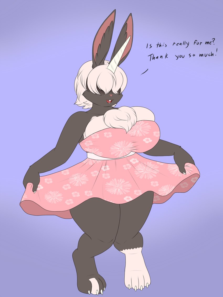 anthro big_breasts breasts chest_tuft claws clothing curvy_figure dress female horned_rabbit multicolored_body solo tuft two_tone_body lurking_tyger almiraj lagomorph leporid mammal rabbit hi_res