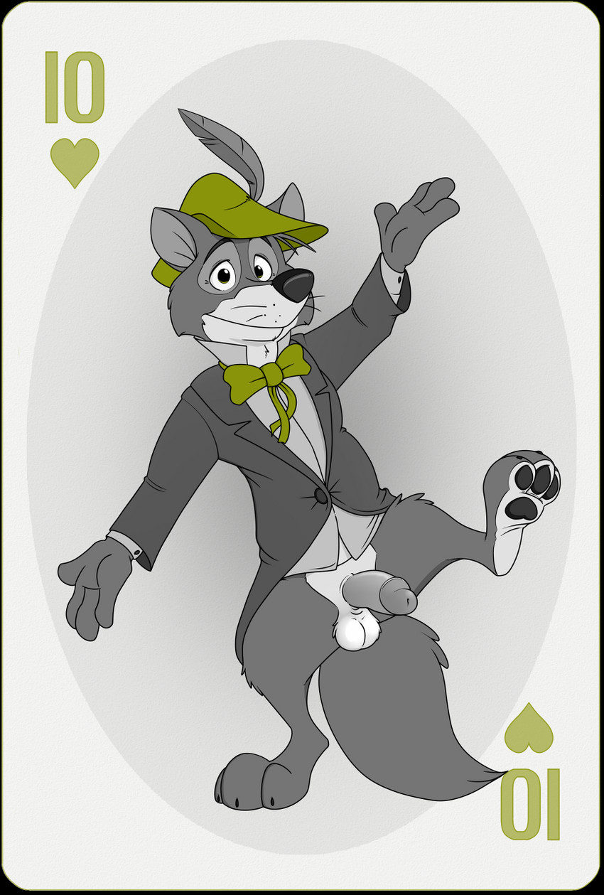 anthro balls barefoot bottomless bow_tie card card_template clothed clothing coat erection feet fur genitals hat headgear headwear heart_symbol hearts_(suit) humanoid_genitalia humanoid_penis looking_at_viewer male penis playing_card playing_card_template shirt simple_background smile solo standing suit tailcoat ten_of_hearts topwear neenya disney robin_hood_(disney) robin_hood canid canine canis fox mammal red_fox true_fox hi_res