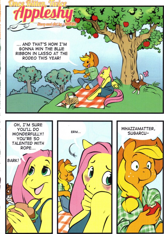 ambiguous_gender anthro anthrofied apple blush clothed clothing dialogue duo_focus feathered_wings feathers female food fruit group insect_wings lepidopteran_wings nude plant size_difference text wings yellow_body yellow_feathers 333456 friendship_is_magic hasbro hoof_beat my_little_pony mythology applejack_(mlp) fluttershy_(mlp) winona_(mlp) arthropod butterfly canid canine canis domestic_dog earth_pony equid equine horse insect lepidopteran mammal mythological_creature mythological_equine pegasus pony absurd_res comic english_text hi_res