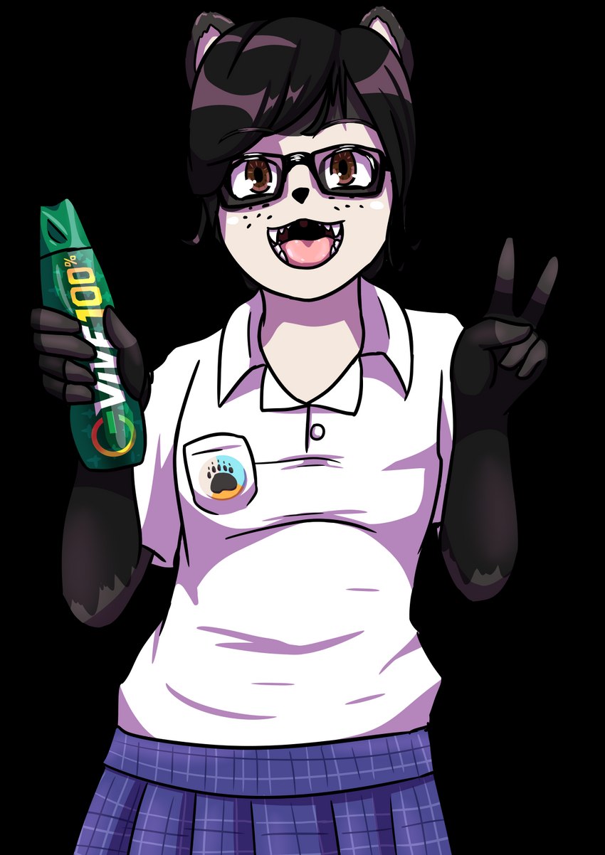 anthro beverage black_body black_fur black_hair bottomwear brown_eyes clothing collar_shirt drawing_glove energy_drink eyewear fangs femboy fingerless_(marking) fingerless_gloves fur gesture glasses gloves hair hand_gesture handwear holding_object looking_at_viewer male markings open_mouth pleated_skirt school_uniform simple_background skirt smile solo teeth transparent_background uniform uvula v_sign whisker_spots white_markings evan_harrey ucu_harrey bear jucumari mammal short-faced_bear spectacled_bear ucumar alpha_channel hi_res meme