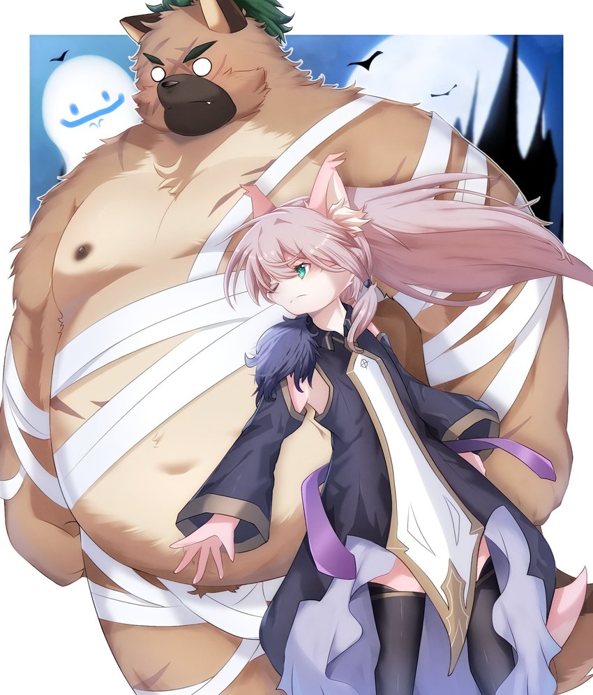 anthro belly blush brown_hair duo embarrassed femboy full_moon fur hair holidays humor long_hair male male/male moon mummy_wrappings musclegut muscular navel nipples pecs pink_body pink_fur sora_idiotka halloween lifewonders tokyo_afterschool_summoners tanetomo_(tas) yasuyori_(tas) canid canine canis domestic_dog mammal hi_res