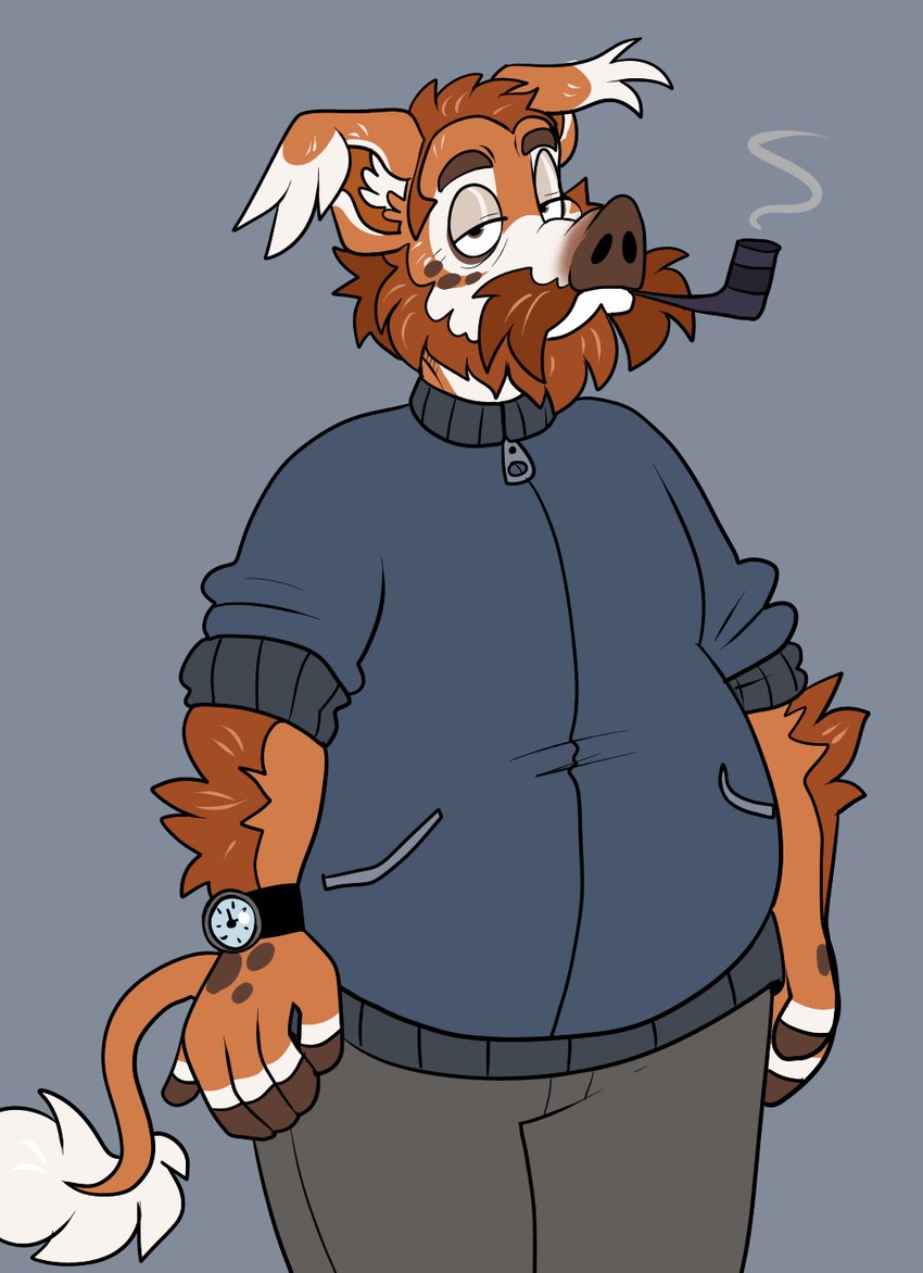 anthro beard blue_clothing blue_sweater blue_topwear bottomwear brown_beard brown_body brown_bottomwear brown_clothing brown_eyebrows brown_facial_hair brown_fur brown_hair brown_mustache brown_pants brown_tail clock clothed clothed_anthro clothed_male clothing eyebrows facial_hair fingers floppy_ears fur grey_background hair half-closed_eyes hooved_fingers hooves looking_at_viewer male male_anthro multicolored_body multicolored_fur mustache narrowed_eyes object_in_mouth pants pockets rolled_up_sleeves short_hair simple_background slightly_chubby slightly_chubby_anthro slightly_chubby_male smoke smoking smoking_pipe smoking_pipe_in_mouth solo standing sweater tail tail_tuft topwear tuft watch white_body white_fur white_tail_tuft wristwatch zipper beastofeuthanasia bubba_riverhog mammal suid suine sus_(pig) wild_boar 2024 digital_drawing_(artwork) digital_media_(artwork) flat_colors hi_res