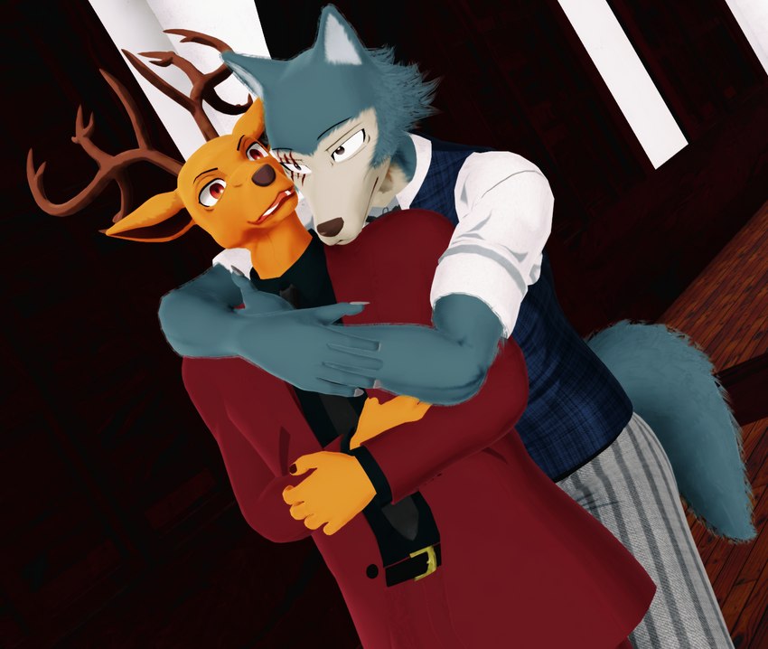 anthro antlers arms_around_partner clothed clothing duo fur grey_body grey_fur horn hug hugging_another hugging_from_behind male male/male malicekira beastars legoshi_(beastars) louis_(beastars) canid canine canis cervine deer mammal red_deer wolf 3d_(artwork) digital_media_(artwork) hi_res