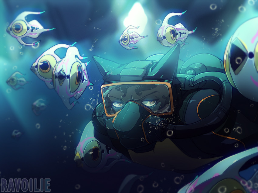 anthro brown_eyes diving_mask feral group male mask scuba scuba_diver scuba_gear scuba_tank underwater water ravoilie subnautica subnautica_below_zero unknown_worlds_entertainment krymson arctic_peeper_(subnautica) felid feline fish lynx mammal marine peeper_(subnautica) 2020 digital_media_(artwork) signature