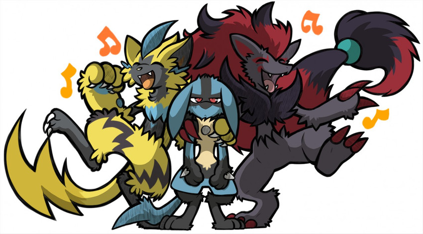 ambiguous_gender annoyed anthro black_body black_fur black_inner_ear black_markings blue_body blue_fur blue_pawpads claws dancing digitigrade ears_down fangs fingers fur group hair happy head_markings inner_ear_fluff long_hair markings multicolored_body multicolored_fur open_mouth pawpads pivoted_ears ponytail red_claws red_hair red_inner_ear sharp_teeth spikes standing teeth toe_claws tongue trio tuft whiskers white_claws yellow_body yellow_fur portugueselynx nintendo pokemon canid canine felid generation_4_pokemon generation_5_pokemon generation_7_pokemon legendary_pokemon lucario mammal pokemon_(species) zeraora zoroark