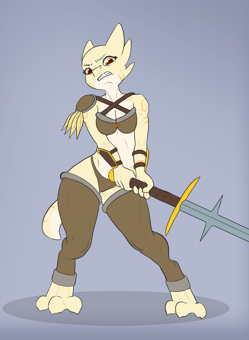 3_toes anthro armor feet female markings melee_weapon orange_eyes solo sword toes unconvincing_armor weapon simmins_(artist) orange_cream kobold scalie absurd_res hi_res