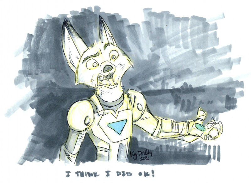 4_fingers abstract_background anthro armor dialogue dipstick_ears ear_markings eyebrows fingers machine male multicolored_ears open_mouth outstretched_arm power_armor raised_eyebrow solo text ky-jane disney marvel zootopia iron_man nick_wilde canid canine fox mammal red_fox true_fox 2016 colored_sketch english_text half-length_portrait hi_res marker_(artwork) portrait signature sketch traditional_media_(artwork)