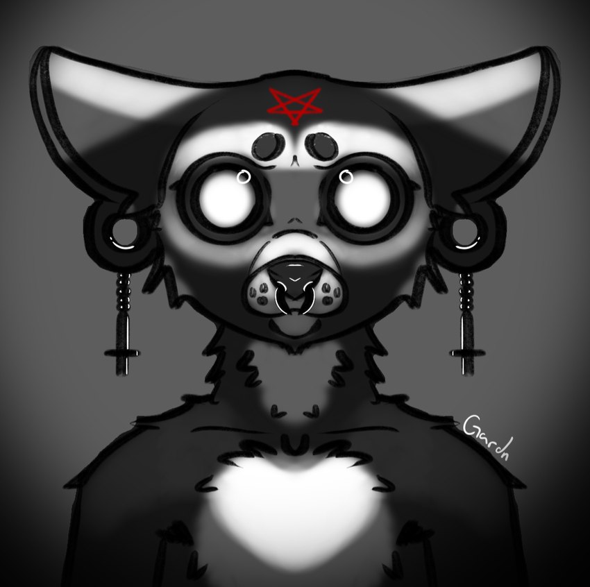 anthro cross ear_piercing ear_ring facial_piercing fur gauged_ear grey_body grey_fur inverted_cross jewelry male nose_piercing nose_ring occult_symbol pentagram piercing ring_piercing septum_piercing septum_ring solo symbol gardn sigil_(gardn) felid feline mammal colored