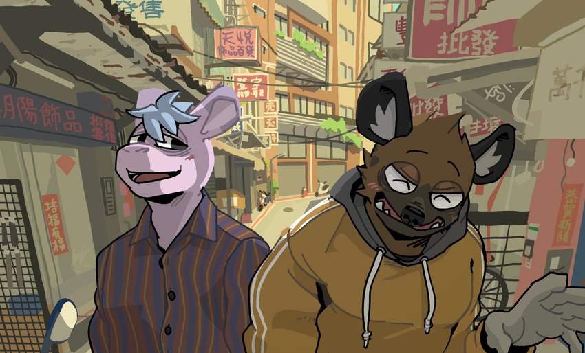 anthro black_nose blush clothed clothing duo fangs hoodie male outside teeth text topwear vetiver_n aggretsuko sanrio haida_(aggretsuko) tadano_(aggretsuko) asinus donkey equid equine hyena mammal spotted_hyena 2021 chinese_text hi_res