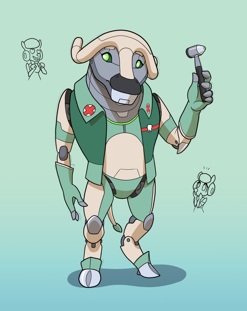 2_horns anthro black_nose blue_background clothing dentist dentist_tool duo female gloves green_body green_clothing green_eyes grey_body handwear heart_eyes heart_symbol holding_object hooves horn jacket machine male medical_instrument open_mouth otoscope red_cross scientific_instrument simple_background smile tail teeth tongue tools topwear white_body scifer mercie unnamed_character android bovid bovine cape_buffalo caprine mammal robot sheep 2022 digital_drawing_(artwork) digital_media_(artwork) hi_res