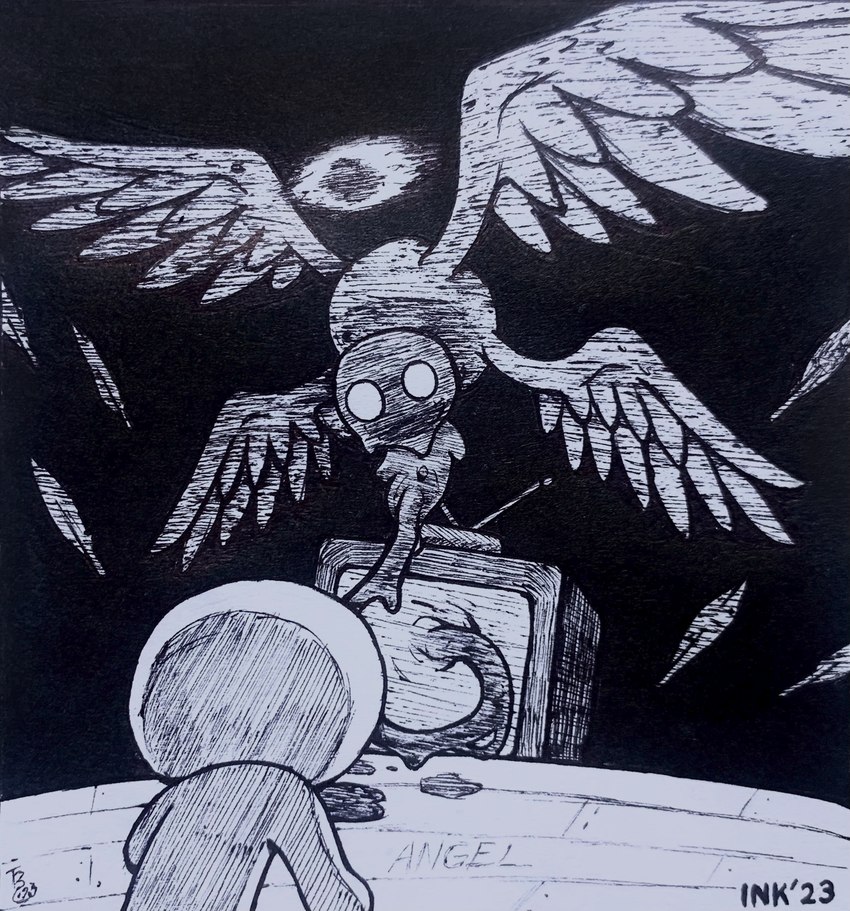 duo electronics feathered_wings feathers flying halo looking_at_another television wings theblueberrycarrots inktober the_binding_of_isaac_(series) dogma_(tboi) angel 2023 absurd_res hi_res signature traditional_media_(artwork)