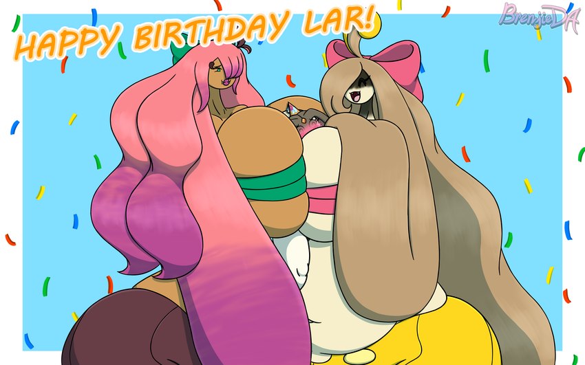 anthro big_breasts big_butt birthday blush breast_smother breasts bubble_butt butt female female/female gift_wrapped group larger_female pokemorph size_difference smothering thick_thighs trio wide_hips brenjieda nintendo pokemon fan_character hanawa_(brenjieda) harriett_(latiar) lyssa_(latiar) generation_4_pokemon generation_6_pokemon gourgeist humanoid legendary_pokemon pokemon_(species) uxie 16:10 hi_res widescreen