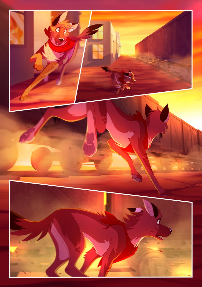 brown_body brown_fur feral fur kerchief male pawpads paws quadruped red_kerchief running solo train vehicle skailla shut_eye steban_(skailla) canid canine canis domestic_dog mammal 2020 colored comic hi_res