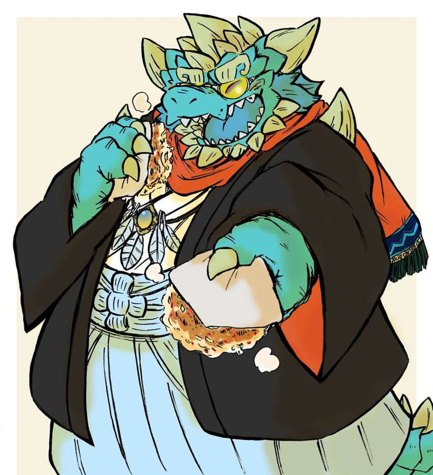 anthro asian_clothing clothing east_asian_clothing eating eyebrows food horn japanese_clothing kimono male offering_food okonomiyaki overweight solo thick_eyebrows okudami lifewonders mythology tokyo_afterschool_summoners cipactli_(tas) dragon mythological_creature mythological_scalie scalie