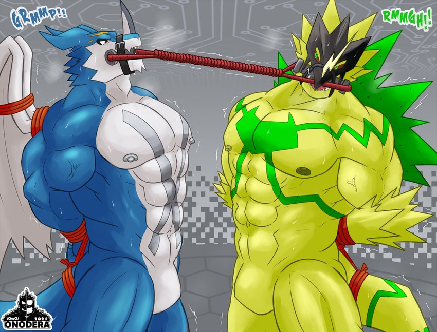 abs anthro biceps blue_body bound countershading duo gag gagged green_body hands_tied horn male muscular muscular_anthro muscular_male nipples pecs red_eyes struggling tail tail_tied vein veiny_muscles wings wings_tied onodera bandai_namco digimon mythology bulkmon digimon_(species) dragon exveemon mythological_creature mythological_scalie scalie