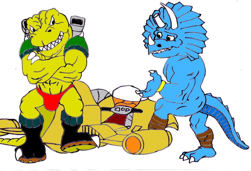 abs anthro armor athletic bandage barefoot biceps blue_body blue_skin bone_frill boots bottomless bracelet bulge butt claws clothed clothing duo fangs feet footwear frill_(anatomy) horn jewelry male male/male muscular nude pecs pose scales shoes speedo standing swimwear tail teeth toe_claws topless yellow_body yellow_skin unknown_artist extreme_dinosaurs spike_(extreme_dinosaurs) t-bone_(extreme_dinosaurs) ceratopsian dinosaur ornithischian prehistoric_species reptile scalie theropod triceratops tyrannosaurid tyrannosauroid tyrannosaurus tyrannosaurus_rex hi_res