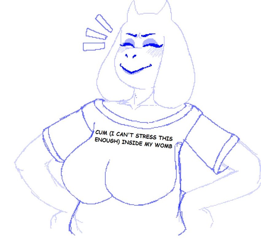 2_horns anthro big_breasts blush breasts clothed clothing eyes_closed female floppy_ears hand_on_hip horn lop_ears mature_anthro mature_female proud shirt simple_background smile suggestive_shirt text text_on_clothing text_on_shirt text_on_topwear topwear white_background crossman undertale undertale_(series) toriel boss_monster_(undertale) bovid mammal 2024 digital_media_(artwork) english_text half-length_portrait monochrome pixel_(artwork) portrait sketch