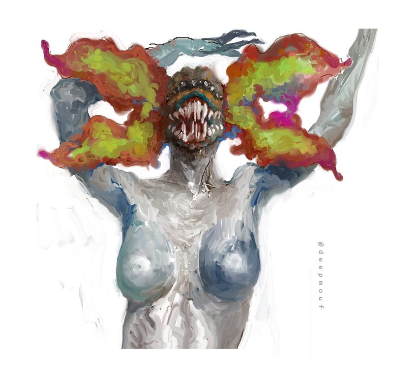 arms_in_the_air bottomless breasts clothed clothing female looking_at_viewer many_teeth multi_eye not_furry nude open_mouth sharp_teeth solo teeth topless topwear topwear_only deepmouf unknown_species