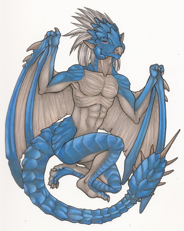 anthro blue_body blue_scales male membrane_(anatomy) membranous_wings red_eyes scales simple_background solo spiked_tail spikes spikes_(anatomy) tail white_background wings calolily capcom european_mythology monster_hunter mythology azure_rathalos dragon flying_wyvern mythological_creature mythological_scalie rath_wyvern rathalos scalie western_dragon wyvern 2011 cool_colors hi_res