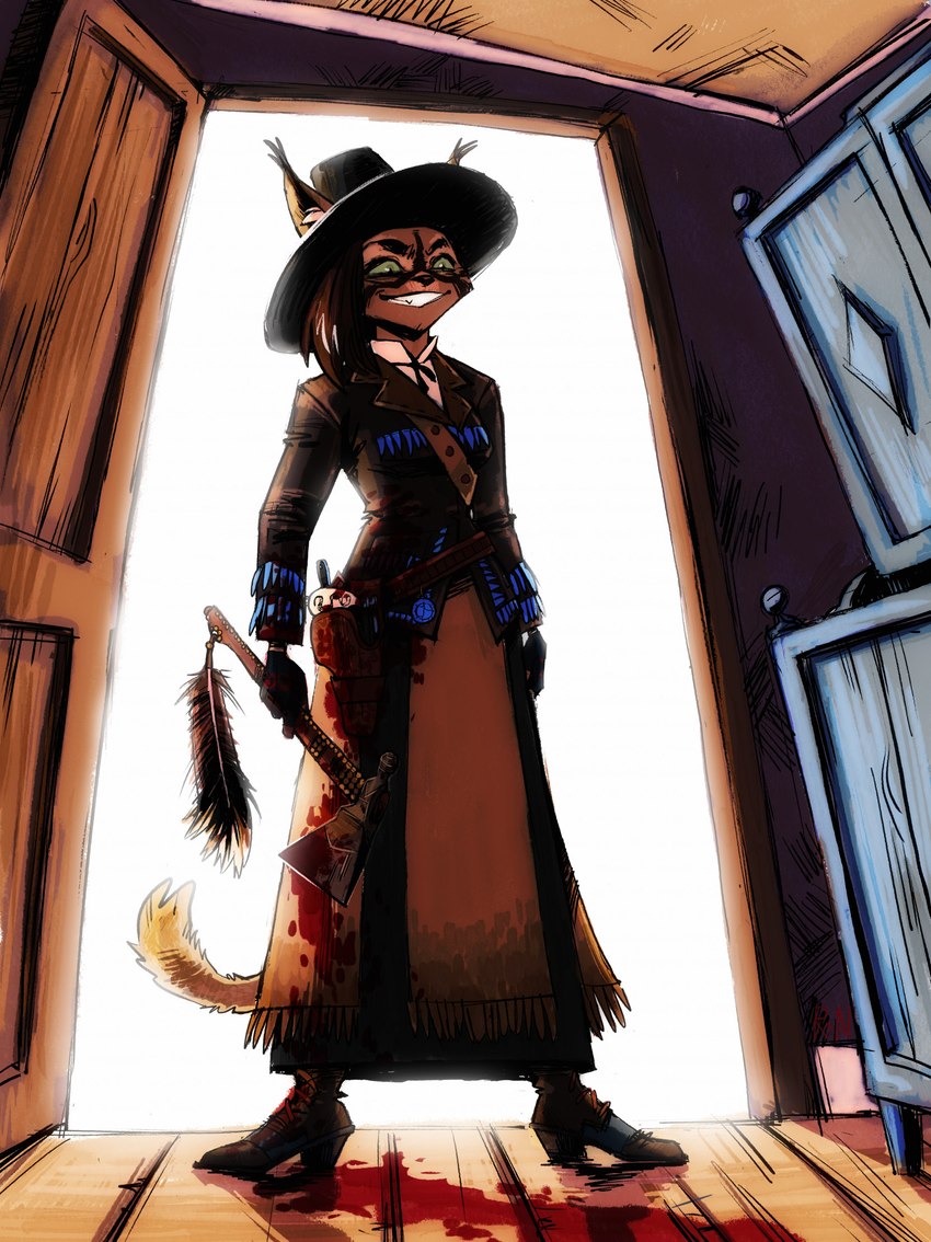 anthro axe belt biped blood blood_on_weapon blood_splatter bodily_fluids boots bottomwear clothed clothing cowboy door doorway ear_tuft eyebrows feathers female footwear fully_clothed furniture green_eyes grin gun hat headgear headwear high_heeled_boots high_heels holding_axe holding_melee_weapon holding_object holding_weapon holster in_doorway inner_ear_fluff jacket leather leather_clothing leather_jacket leather_topwear melee_weapon planks ranged_weapon shoes skirt smile solo tail teeth tomahawk toothy_grin topwear tuft weapon western western_bowtie wild_west russianbluenx01 beatrix_foljambe felid feline mammal 2023 full-length_portrait hi_res portrait