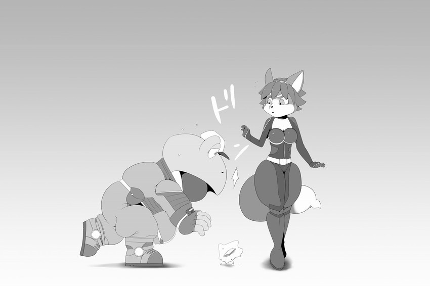 ambiguous_gender anthro breasts clothing duo electronics female hat headgear headwear overweight phone simple_background nken nintendo star_fox krystal_(star_fox) slippy_toad amphibian canid frog mammal toad_(frog) 2017 monochrome