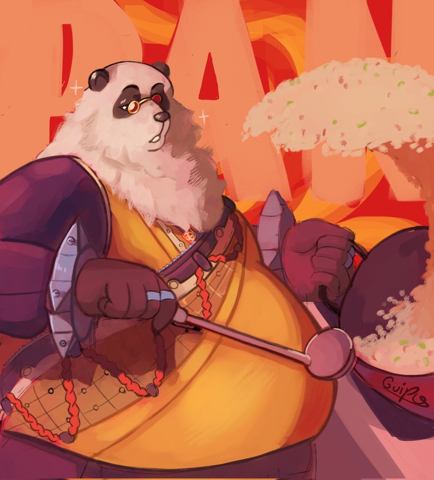 anthro belly cooking eyewear food fried_rice fur glasses kitchen_utensils ladle male multicolored_body multicolored_fur overweight rice solo tools wok 0guipo mihoyo zenless_zone_zero pan_yin_hu bear giant_panda mammal hi_res