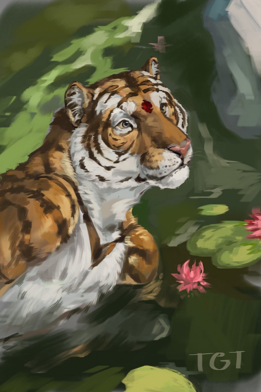 anthro detailed_background flower fur lily_pad male nude outside partially_submerged plant rock simple_background solo stripes swimming water water_lily waterscape white_body white_fur conditional_dnp tgt1512 felid mammal pantherine tiger 2018 digital_media_(artwork) hi_res portrait