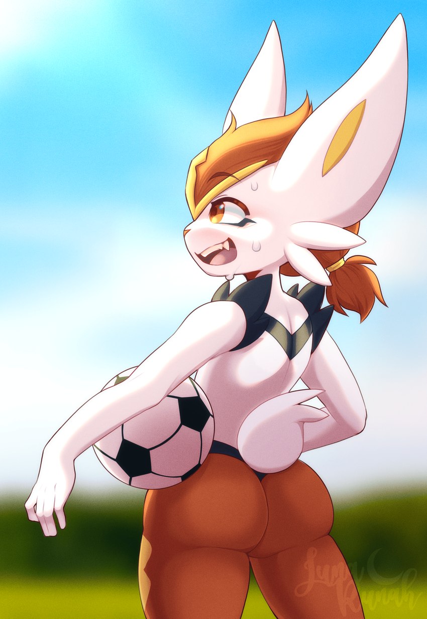 ambiguous_gender anthro ball big_butt big_ears bodily_fluids butt fur hair light open_mouth outside ponytail red_hair sharp_teeth sky smile soccer soccer_ball solo sport standing sun sunlight sweat sweatdrop tail tail_tuft teeth thick_thighs tuft white_body white_fur lunarunah nintendo pokemon cinderace generation_8_pokemon lagomorph mammal pokemon_(species) absurd_res hi_res