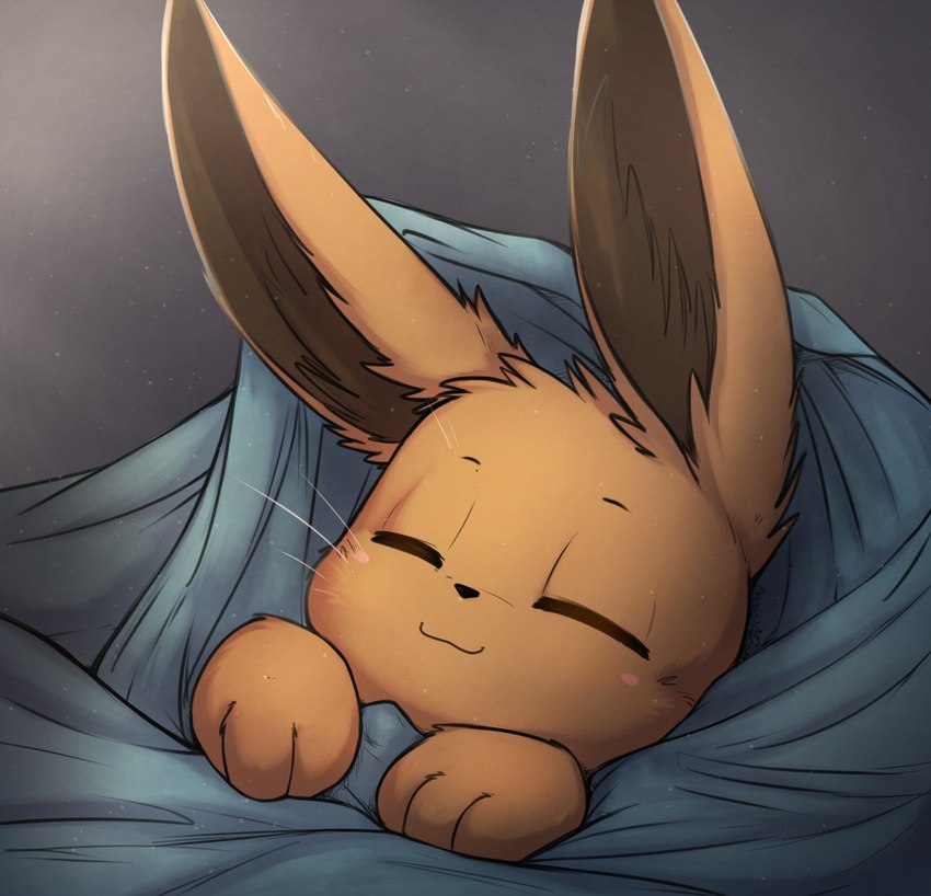 3_fingers ambiguous_gender bedding black_nose blanket blush brown_body brown_fur daww eyes_closed feral fingers fur head_tuft inner_ear_fluff long_ears sleeping smile solo tuft whiskers otakuap nintendo pokemon eevee generation_1_pokemon mammal pokemon_(species) hi_res shaded