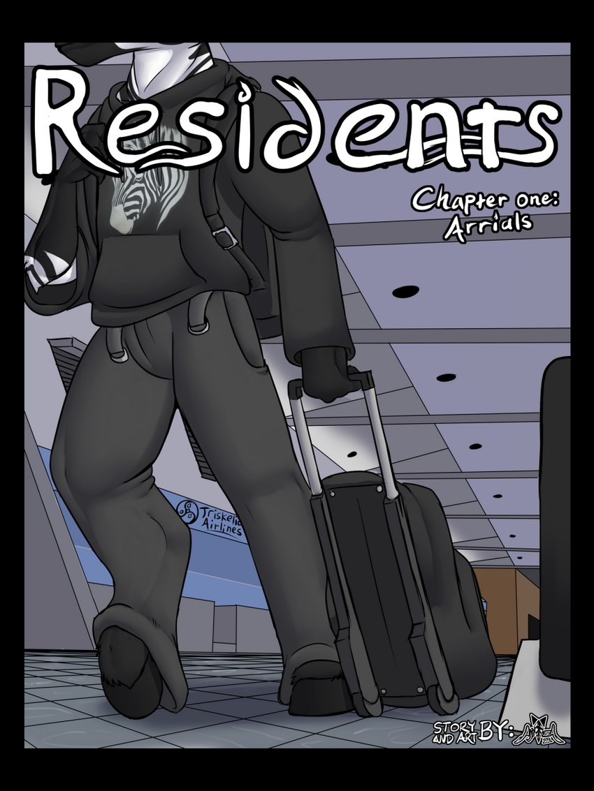 airport anthro backpack black_border border clothing duffel_bag hoodie hooves inside male modern_architecture night public residents solo topwear walking ajizza_(artist) ajizza_(ajizza) canid canine equid equine fox hybrid mammal zebra 3:4 comic cover cover_art cover_page hi_res andromorph_(lore)