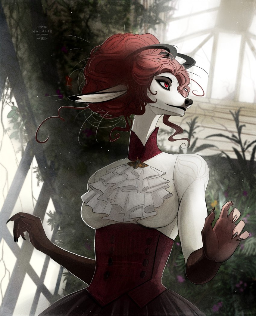 anthro bodice clothing detailed_background dress female fur hair horn nails plant red_eyes red_hair sharp_nails solo white_body white_fur natalie_de_corsair heather_greenmire deer mammal hi_res