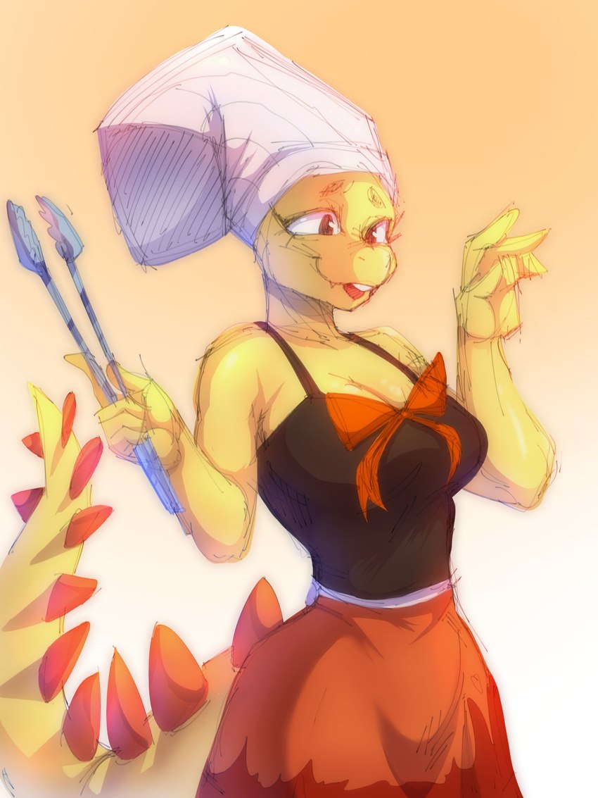 5_fingers anthro blep bottomwear bow_ribbon breasts brown_eyes chef_hat cleavage clothed clothing curvy_figure female fingers hat headgear headwear holding_object holding_tongs holding_tool long_tail orange_body orange_scales red_bottomwear red_bow red_clothing red_skirt scales shirt simple_background skirt small_waist smile snout solo sparkles spiked_tail spikes spikes_(anatomy) tail tank_top teeth tongs tongue tongue_out tools topwear white_background white_clothing white_hat white_headwear wide_hips yellow_body yellow_scales netardado tendocake cavemanon_studios cooking_with_tracy snoot_game tracy_(cwt) dinosaur prehistoric_species reptile scalie 2023 3:4 colored hi_res shaded