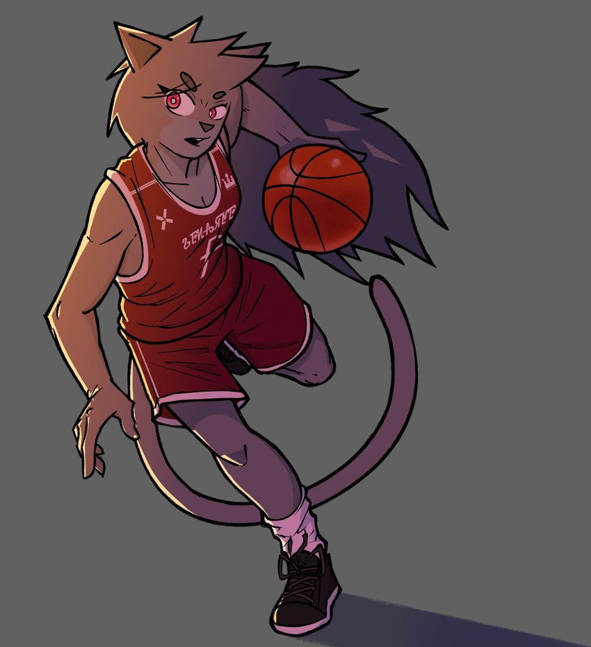 anthro basketball biped clothed clothing female footwear fur grey_background grey_body grey_fur grey_hair hair holding_basketball holding_object on_one_leg open_mouth pink_eyes shadow shoes simple_background solo sportswear standing tail ghozt adriana_(ghozt) domestic_cat felid feline felis mammal absurd_res hi_res