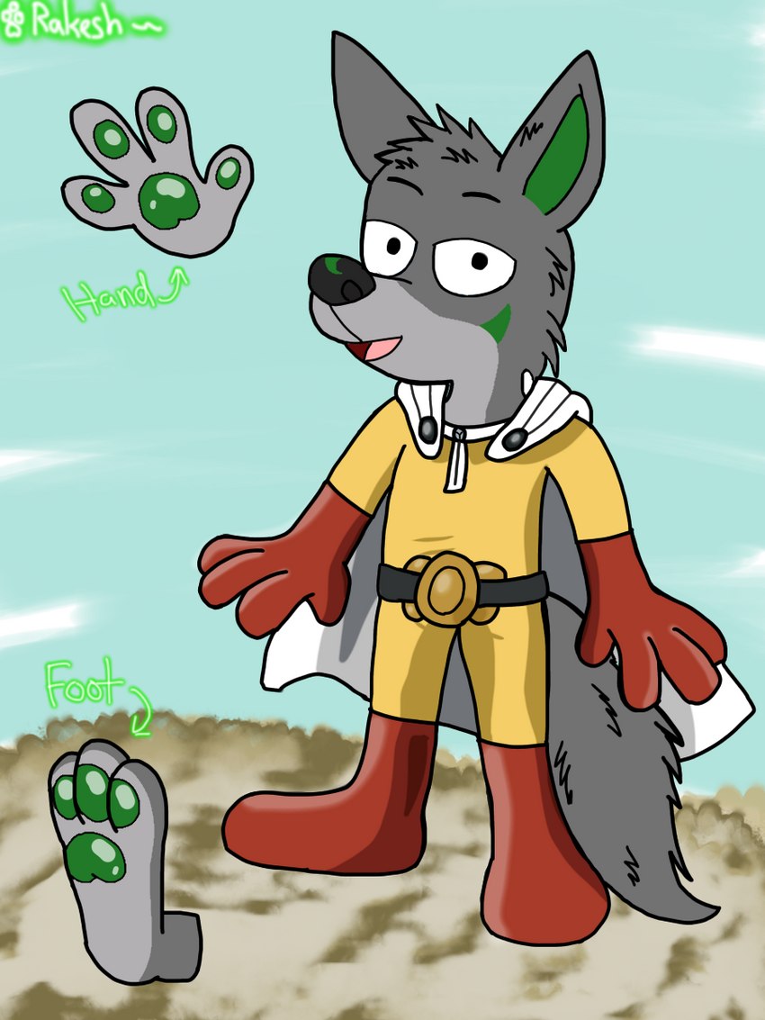 3_toes 4_fingers anthro belt black_eyebrows boots cape clothing cloud diagram eyebrows feet fingers fluffy fluffy_tail footwear fur gloves green_ears green_nose green_pawpads grey_body grey_fur grey_hair hair handwear jumpsuit looking_at_viewer male palms pawpads paws red_boots red_clothing red_footwear red_gloves red_handwear shoes short_hair sky smile smiling_at_viewer solo standing tail text toes white_cape white_clothing yellow_jumpsuit thefurrygreenfox one-punch_man one_(manga) rakesh canid canine canis mammal wolf 2021 3:4 english_text hi_res signature