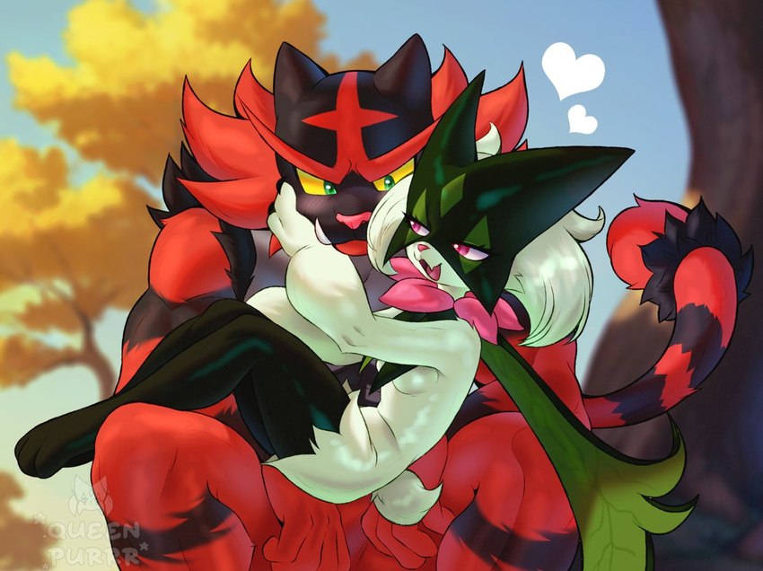 anthro big_muscles breasts duo female green_body hug male male/female muscular red_body size_difference small_breasts purrynx queenpurr nintendo pokemon queen_the_meowscarada generation_7_pokemon generation_9_pokemon incineroar meowscarada pokemon_(species)