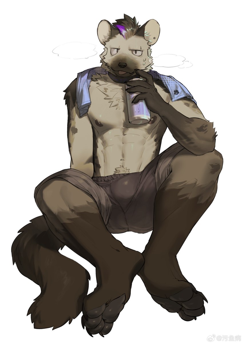 anthro athletic athletic_anthro athletic_male black_body black_fur black_hair blue_hair bodily_fluids bottomwear clothed clothing collar container cup feet fur grey_body grey_fur hair hindpaw holding_container holding_cup holding_object looking_at_viewer male paws simple_background sitting solo sweat tongue tongue_out topless oymshzhji0720xz arknights hypergryph studio_montagne spot_(arknights) 2025 absurd_res hi_res