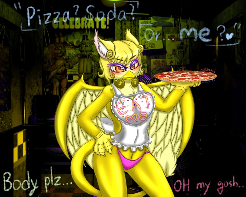 alternate_species anthro anthrofied beak blush breasts clothed clothing eyelashes feathered_wings feathers female furrification hair looking_at_viewer non-mammal_breasts panties smile solo standing tail text underwear wings milkteafox five_nights_at_freddy's five_nights_at_freddy's_2 mythology scottgames toy_chica_(fnaf) avian gryphon gryphonification mammal mythological_avian mythological_creature 2016 5:4 digital_media_(artwork)