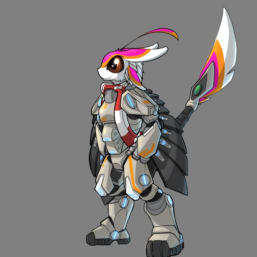 3_fingers 4_ears ambiguous_gender anthro armor big_eyes brown_eyes digitigrade feathered_crest feathers fingers furgonomics grey_background head_crest heavy_armor lights looking_forward multi_ear orange_body pink_body scarf simple_background solo tail_armor white_body white_feathers wing_armor winged_arms wings compound_lift alien avali avian 1:1 hi_res