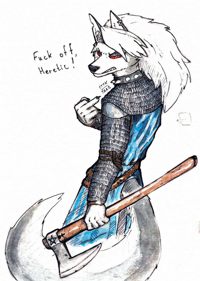 angry anthro axe female gesture hand_gesture knight medieval middle_finger solo viking warrior anxiousboar helluva_boss mythology loona_(helluva_boss) canid canid_demon canine canis demon hellhound mammal mythological_canine mythological_creature wolf absurd_res hi_res line_art painting_(artwork) traditional_media_(artwork) watercolor_(artwork)
